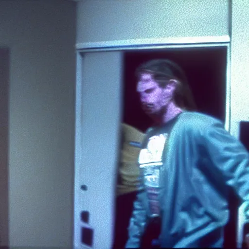 Image similar to a vhs still portrait of aphex twin breaking into the office from a gritty cyberpunk 2 0 0 0 s james cameron movie about spider - man. realism, cinematic lighting, 4 k. 8 mm. grainy. panavision.