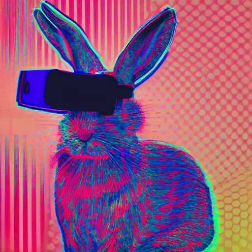 Prompt: a rabbit wearing a vr hmd in the style of andy warhol