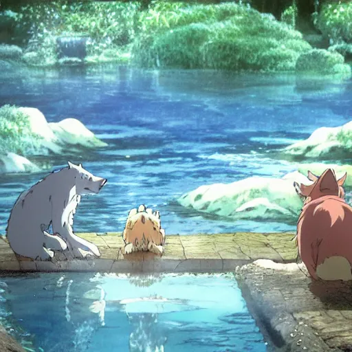 Prompt: a spirit wolf forest drinking water from an illuminated pool, hayao miyazaki, masashi ando, nizou yamamoto, kazuo oga, joe hisaishi, yoji takeshige, naoya tanaka