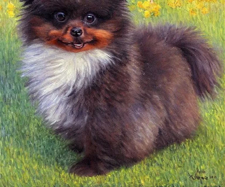 Image similar to brown and black pomeranian, cute, monet, oil painting