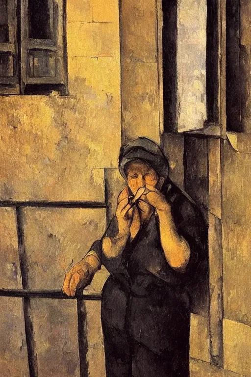 Image similar to an elderly and content italian woman leaning out of the window of an old building, smoking a cigarette, by paul cezanne, firenze, sunset, smooth, expressionist, gold, portrait