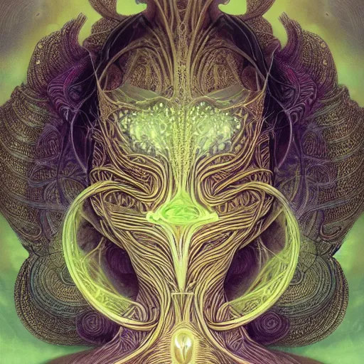 Prompt: faceless, shaman, cultist, lovecraftian, surreal, shrouded figure, powerful being, plant spirit, fractal entity, spirit guide, light being, pearlescent, shiny, glowing, ascending, beautiful, subtle pattern, trending on artstation, fractal pattern, sacred geometry by peter mohrbacher, highly detailed, professional art, illustration, cult, sacrificial altar, levitating, perfect symmetry, rendered in octane, unreal engine, biomechanical, fungal god, blurred background, light dispersion