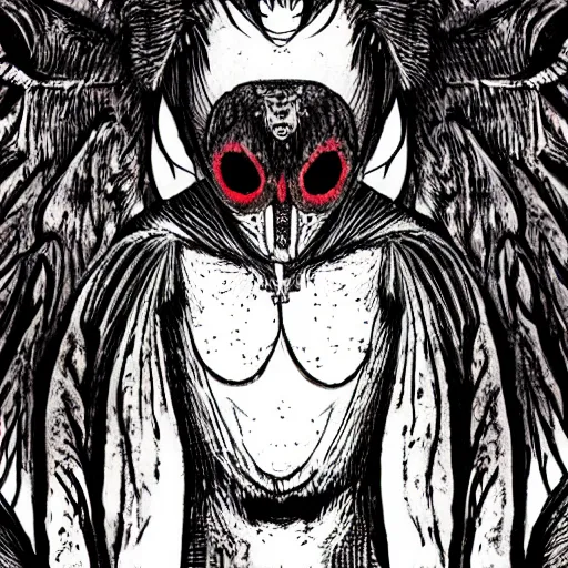 Image similar to mothman by Junji Ito and Satoshi Kon, post-processing, beautiful, scary, octane rendered, anime masterpiece, accurate