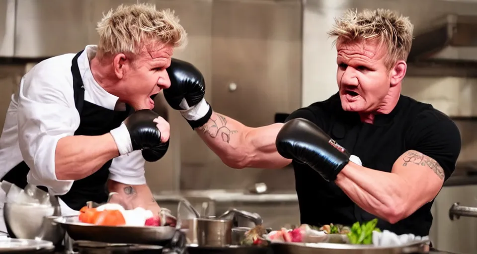 Image similar to photo of angry furious Gordon Ramsay punching Gordon Ramsay at the kitchen