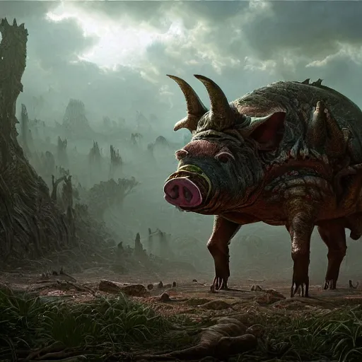 Image similar to A giant pig-monster made of grotesque things in Elden Ring, fullbody, intricate, demonic, video game art, highly detailed, artstation, green field with village ruins, concept art, smooth, sharp focus, illustration, art by greg rutkowski and orientalism and bouguereau and Zdzislaw Beksinski, good clear quality, lighting, biology, symmetrical artwork, perfect face, 135 mm, cinematic, hyper realism, high detail, octane render, 8k, chrome accents