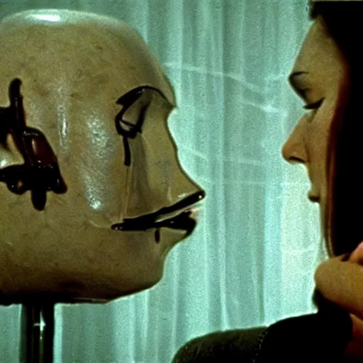 Prompt: Possession (1981) movie by Andrzej Żuławski and David Lynch, movie still, robot head and man head, dop