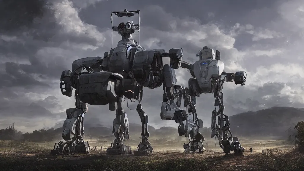 Prompt: Amazing photorealistic digital concept art of a guardian robot in a rural town, by James Clyne and Joseph Cross. Cinematic. LED lighting. Wide angle. Clean lines. Balanced composition.