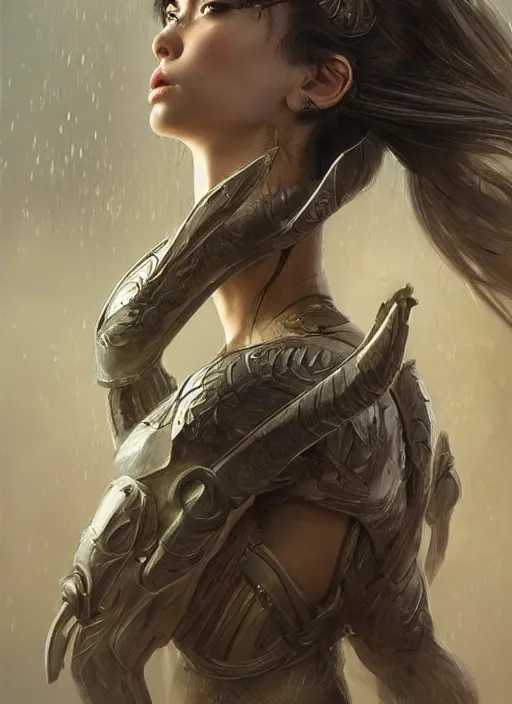 Image similar to a professional portrait of a beautiful young female, clothed in ethereal battle armor, olive skin, long dark hair, beautiful bone structure, symmetrical facial features, intricate, elegant, digital painting, concept art, smooth, sharp focus, finely detailed, illustration, from Valerian and the City of a Thousand Planets, in the style of Ruan Jia and Mandy Jurgens and Artgerm and Greg Rutkowski and William-Adolphe Bouguerea