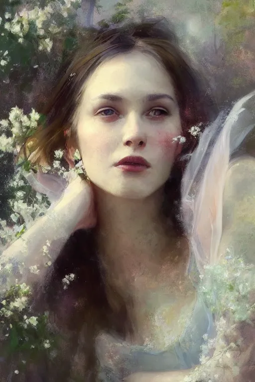 Image similar to Richard Schmid and Jeremy Lipking full length portrait painting of a young beautiful fantasy fairy woman