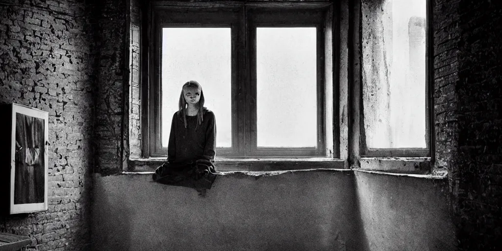 Prompt: at night, sadie sink in hoodie sits on windowsill, knees tucked in | rain falls, old brick wall with ussr propaganda posters : imax b & w film stock, anamorphic, single long shot from schindler's list, by james cameron. cyberpunk, photorealistic, cinematic atmosphere, detailed and intricate, perfect anatomy