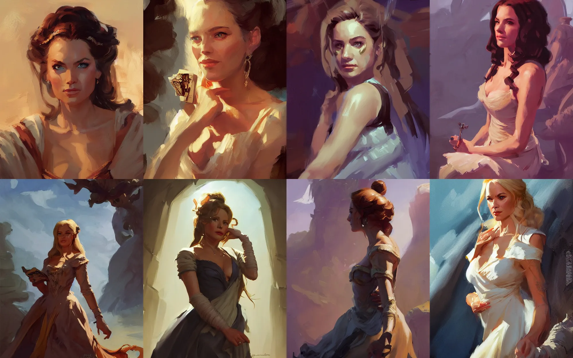 Prompt: portrait of hollywood actress in dress cloth greg manchess portrait painting of bard, d & d, fantasy, medium shot, asymmetrical, intricate, elegant, matte painting, illustration, hearthstone, by greg rutkowski, by greg tocchini, by james gilleard, by joe fenton