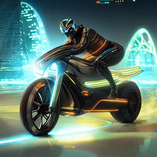 Prompt: tron legacy light cycles racing in game by artgerm and greg rutkowski and alphonse mucha, zaha hadid, an epic fantasy, volumetric light, detailed, octane render, midsommar