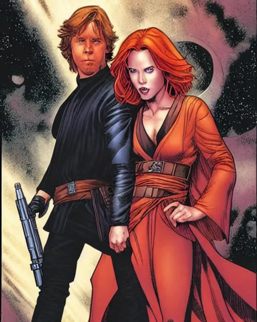 Image similar to mara jade and luke skywalker, cover art by jim lee