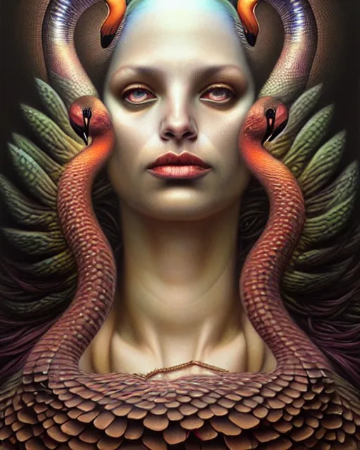 Image similar to a detailed portrait of dreampunk flamingo python hybrid mix beautiful! goddess by tomasz alen kopera and peter mohrbacher