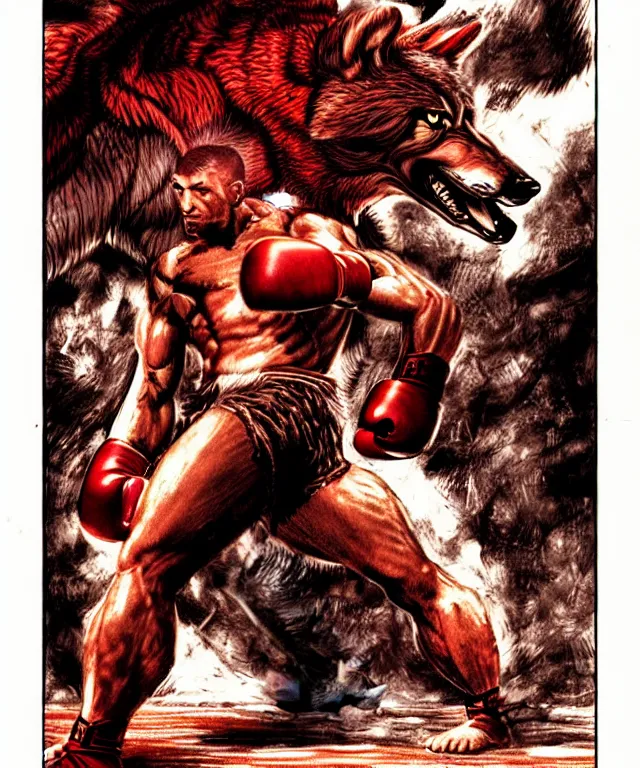 Image similar to extreme long shot. 8 bit nes graphics. antropomorphic muscular masculine wolf. kickboxer fighter, in shorts. wolf head. fine details, very sharp, art from nes game cartridge, marc simonetti and hermann nitsch