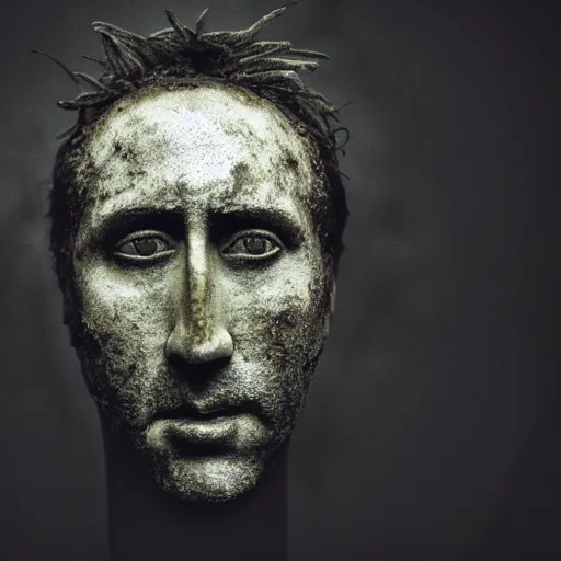 Image similar to Award-winning photograph by Mar Mann. The photo depicts a gray decaying roman bust of Nicolas Cage overgrown with moss at the bottom of the sea. Minimalism, high definition, perfect composition. Deep sea picture. Very dark. Volumetric Lighting. Fish. Darkness. Ruins