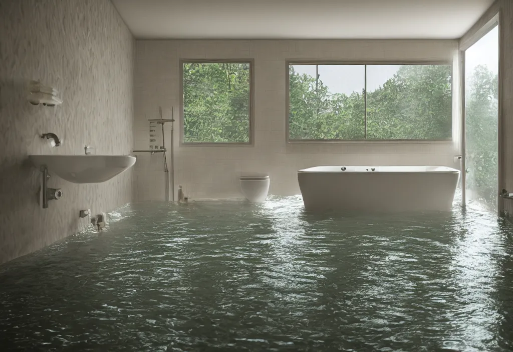 Image similar to kodak portra 4 0 0 photographic and realistic, interior of a bathroom, detailed, octane render, unreal engine, 4 k, artstation, hyper realistic, wide angle, floor flooded, how a river, objects that float, 3 5 mm, sharp focus, soft light, volumetric light, in the style of gregory crewdson