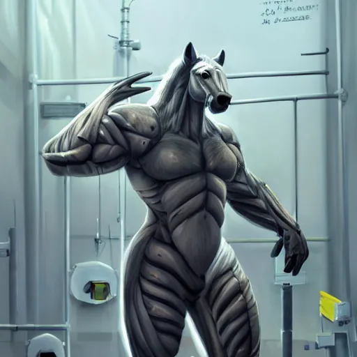 Image similar to an enormously muscular anthro horse test subject in a research facility wearing a skintight body armor, long white mane, equine, anthro art, furaffinity, highly detailed, digital painting, artstation, concept art, illustration, art by artgerm, greg rutkowski, ruan jia