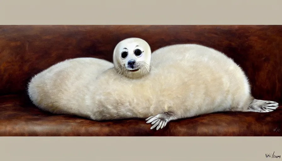 Prompt: highly detailed painting of cute furry white baby seal pupd cuddling up on a brown leather sofa with ice by william turner, thick brush strokes and visible paint layers, 4 k resolution, lounge background