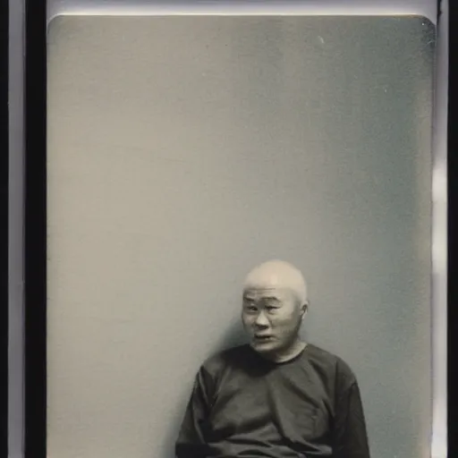 Prompt: a polaroid photo of a disheveled middle - aged chinese man wearing a singlet while smoking, sitting down next to a wall