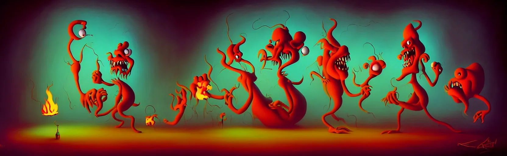 Prompt: whimsical unanny monsters from the depths of unconscious, dark dramatic lighting from fiery glows, classic fleischer cartoon characters, surreal painting by ronny khalil
