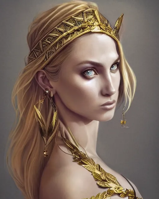 Image similar to tattoo sketch of blonde super model aphrodite greek goddess wearing a gold laurel wreath and triangle earrings, beautiful piercing gaze with sharp pupils, in the style of greg rutkowski, fantasy, amazing detail, epic, elegant, smooth, sharp focus, front view