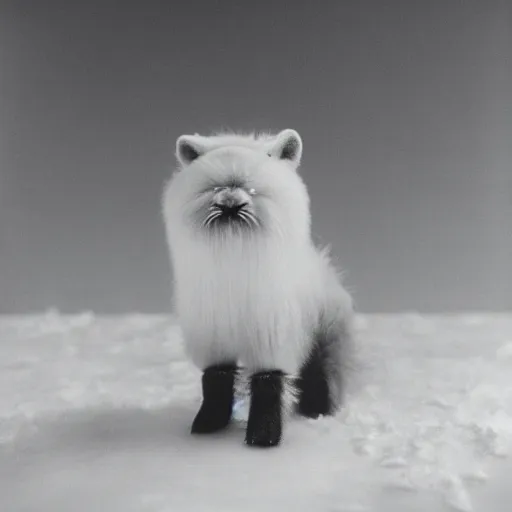 Prompt: a perfect white snowy frosty hairy fur sphere, standing on the wooden desk, kodak, grain, ultrarealistic photo, museum photo