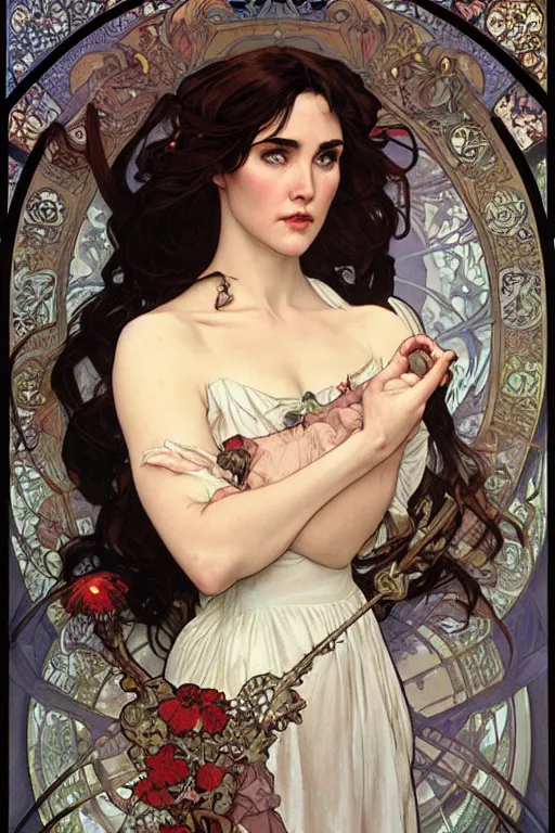 Prompt: realistic detailed face portrait of Jennifer Connelly as Snow White by Alphonse Mucha, Ayami Kojima, Amano, Charlie Bowater, Karol Bak, Greg Hildebrandt, Jean Delville, and Mark Brooks, Art Nouveau, Neo-Gothic, gothic, rich deep moody colors