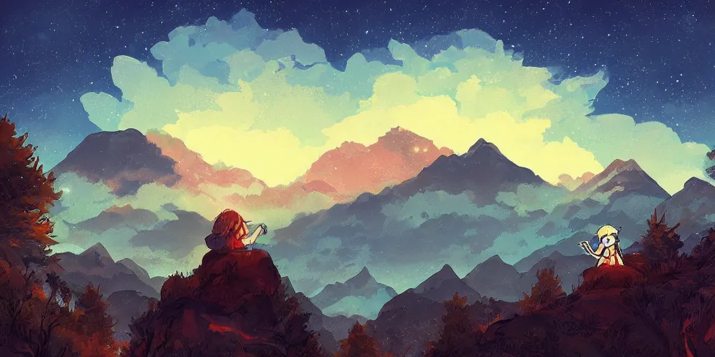 Prompt: mononoke, mountain landscape, night sky, digital art, digital painting, celestial, majestic, playful, colorful