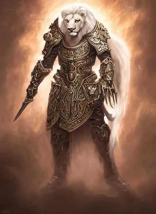 Image similar to anthropomorphized white lion paladin casting magic bright light spell, heroic pose, concept art, insanely detailed and intricate, hypermaximalist, elegant, ornate, hyper realistic, super detailed, art deco, cinematic, trending on artstation, magic the gathering artwork