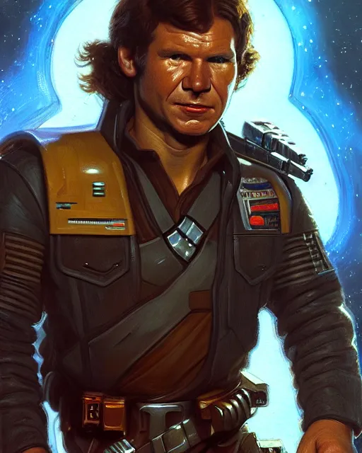 Image similar to character portrait closeup 4 0 years old han solo harrison ford cyberpunk starcraft terran warhammer 4 0 k space marine, confident, character design, painting by gaston bussiere, dan mumford, katsuya terada, frank frazetta, tom of finland, trending on artstation