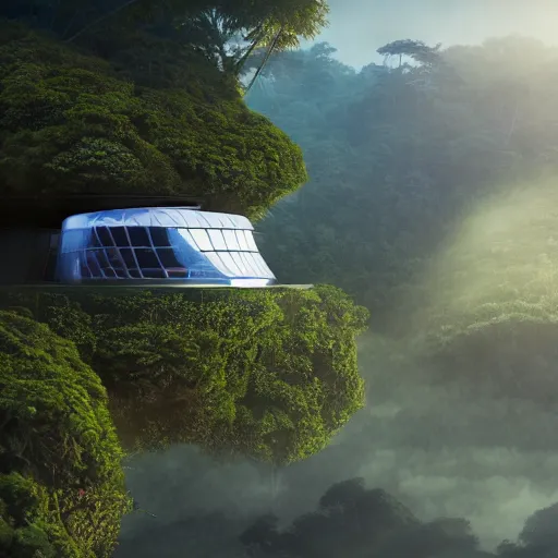 Image similar to extreme wide shot a futuristic containment building in a rainforest valley with a city in the distance, national geographic, hyper realistic, 4 k, warm light, a sense of hope, artstation