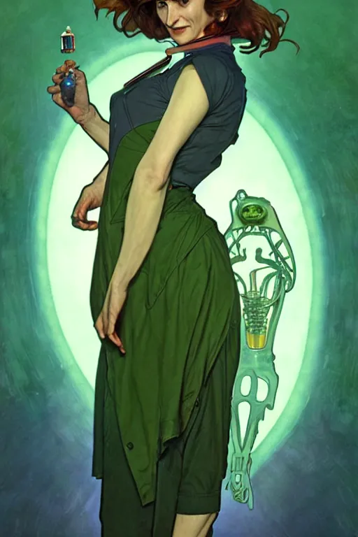 Image similar to doctor who, woman, as a mad dentist, on a plain green background, art by artgerm and greg rutkowski and alphonse mucha