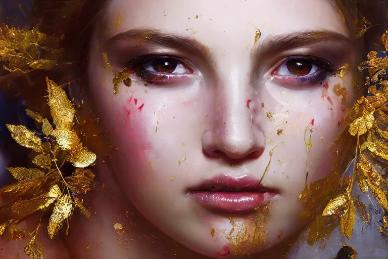 Prompt: face closeup of beautifull girl in intricate detailed color smashing fluid oilpaint, 3 d render, hyper realistic detailed portrait, gold leaves, by ruan jia