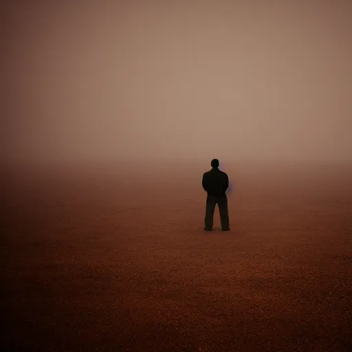 Prompt: a lonely man standing on a deserted planet, dreary, head down, smokey, blur, ambient lighting, photograph,