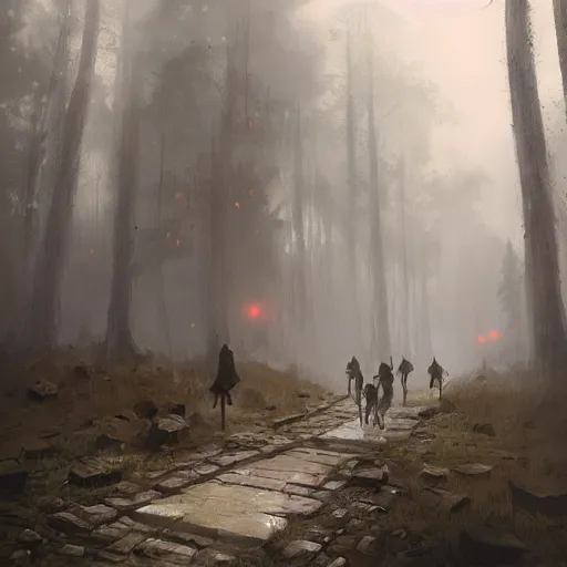 Image similar to a foggy miasma, attacking a group of adventures running through a forest, fantasy art by greg rutkowski