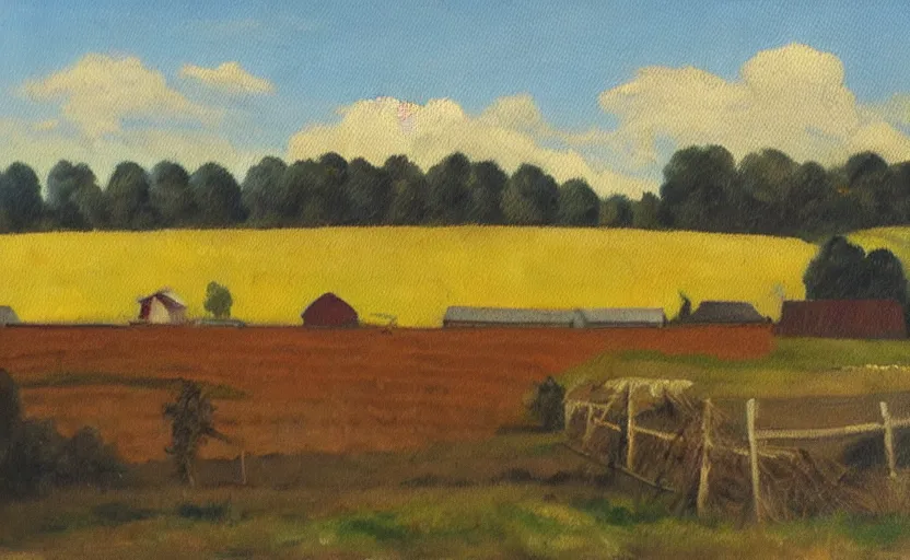 Image similar to old oil painting of a farm with blue sky