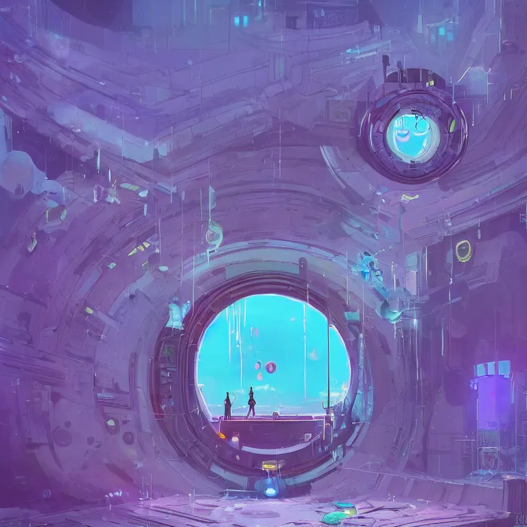 Image similar to a circle!! portal structure floating in space!!, cyberpunk, epic surrealism, indigo, purple, cyan, detailed digital matte painting in the style of simon stalenhag and painting by ralph mcquarrie