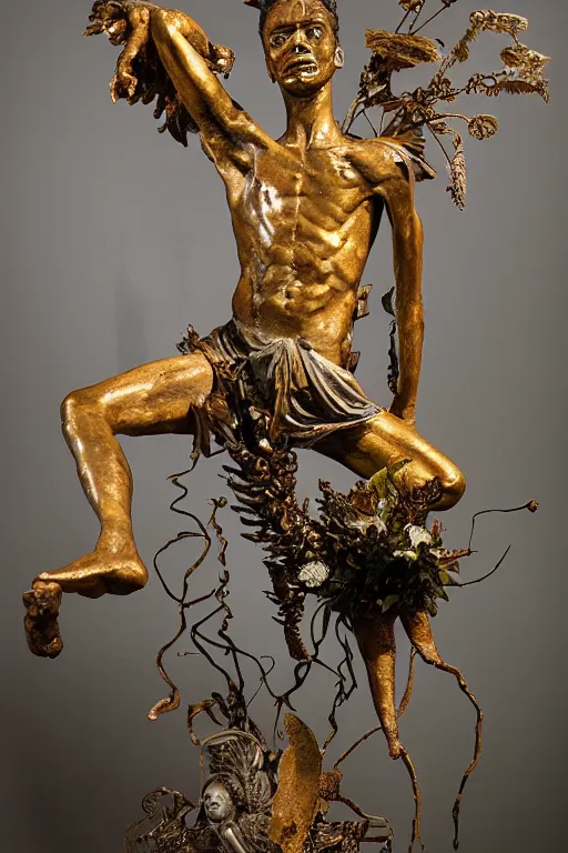 Image similar to Jean-Michel Basquiat as a bronze full-body statue of Icarus spreading his arms and arching his back for flight, glowing quartz crystal skull, wreath of ferns, flowing sakura-colored silk, fabric, flowers. baroque elements, human skull. full-length view. baroque element. intricate artwork by caravaggio. many many birds birds on background. Trending on artstation. halo. octane render, cinematic, hyper realism, octane render, 8k, depth of field, 3D