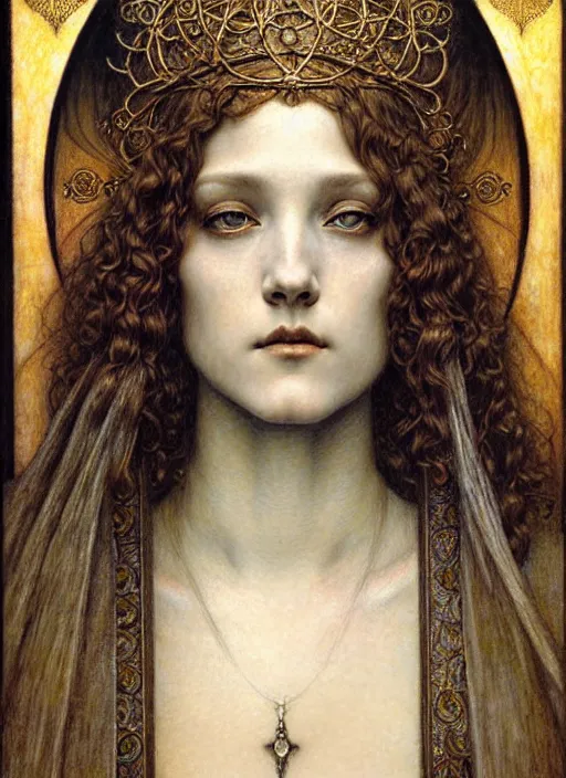 Image similar to detailed realistic beautiful young medieval queen face portrait by jean delville, gustave dore and marco mazzoni, art nouveau, symbolist, visionary, gothic, pre - raphaelite. horizontal symmetry