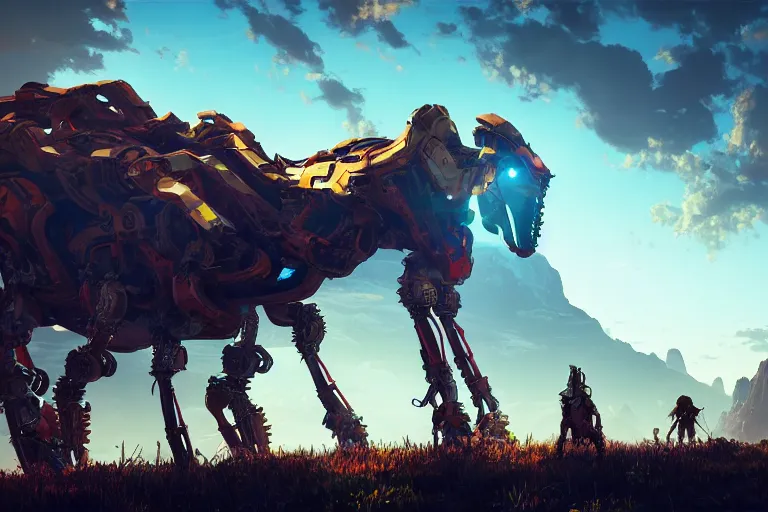 Image similar to tallneck machine mecanical creature robot of horizon forbidden west horizon zero dawn radiating a glowing aura global illumination ray tracing hdr fanart arstation by ian pesty and alena aenami artworks in 4 k