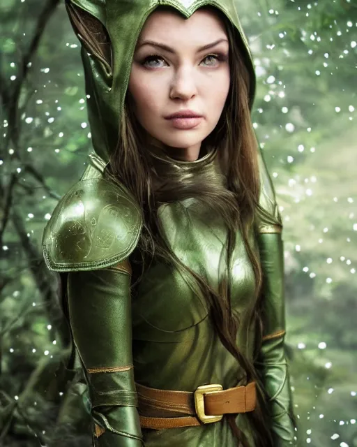 Image similar to a beautiful photo of a young woman, green elf ranger with long flowing hair and a green leather hood, elf ranger leather armor with olive green and brown colors and gold lining, young female face, realistic body proportions, inside deep in a magical forest, cinematic top lighting, insanely detailed and intricate, face by wlop, Charlie Bowater, designs by zhelong xu and gustave doré, golden ratio, symmetric, elegant, ornate, luxury, elite, matte painting, cinematic, trending on artstation, deviantart and cgsociety, 8k, high resolution