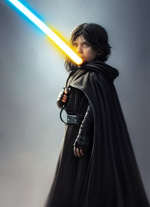 Image similar to perfectly - centered - portrait of a kid wearing black cloak holding light saber, intricate, highly detailed, digital painting, artstation, concept art, smooth, sharp focus, illustration, unreal engine 5, 8 k, art by artgerm and greg rutkowski and alphonse mucha and sam spratt