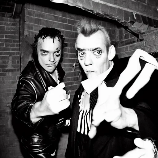 Image similar to syd vicious and johhny rotten, fighting baackstage, press photograph, high contrast, flash photography, wide angle