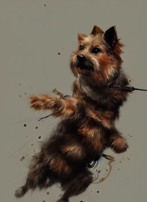 Image similar to norwich terrier as an kung fu master, backround dark, highly detailed, digital illustration, trending in artstation, modern painting, smooth, sharp focus, intricate, by peter mohrbacher