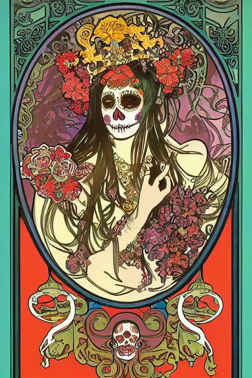 Prompt: Illustration of a sugar skull day of the dead girl, art by alphonse mucha