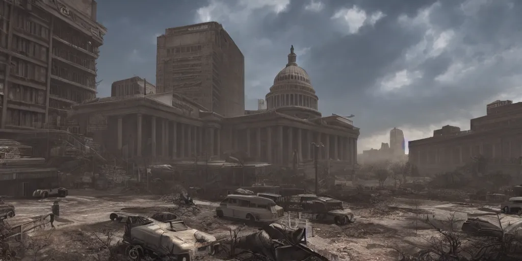 Image similar to fallout concept art washington dc render dramatic lighting unreal engine 5