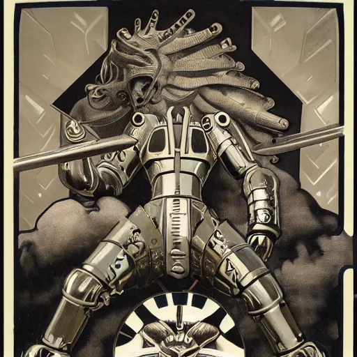 Image similar to majestic, hulking albino clone with engineering diagram tattoos on forehead and rough features, angular steel power armor carved with geometric aztec art deco patterns, on battlefield with strange coiled, spiral clouds, 1 9 7 0 s science fiction concept art photograph by deak ferrand, alphonse mucha, greg rutkowski and carvaggio