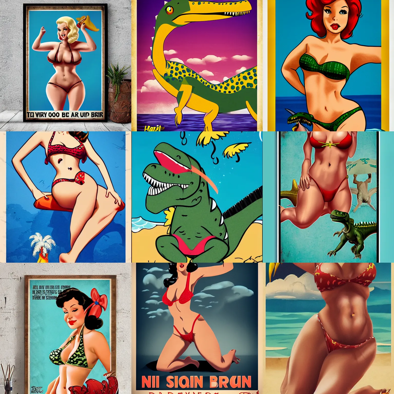 Prompt: Dinosaur wearing a bikini, pin up style poster