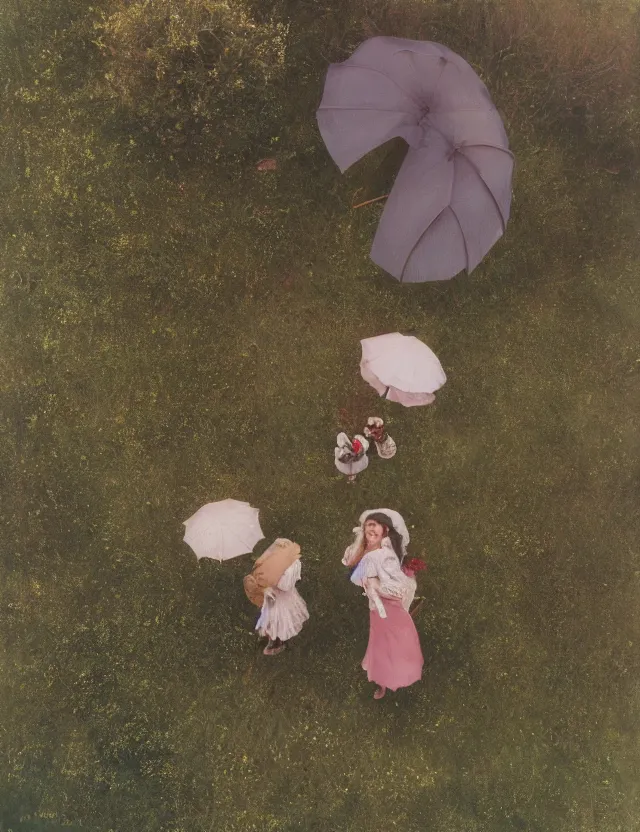 Image similar to lolita on a village, high angle view, portrait, Cinematic focus, Polaroid photo, vintage, neutral colors, soft lights, foggy, by Steve Hanks, by Serov Valentin, by lisa yuskavage, by Andrei Tarkovsky 8k render, detailed, oil on canvas